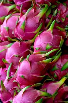 a pile of dragon fruit with green stems on it's ends and pink flowers in the middle