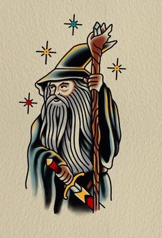 an old wizard holding a wand and wearing a hat with stars in the sky behind it