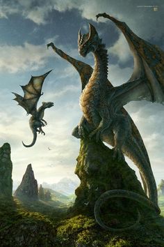 a large dragon standing on top of a lush green hillside