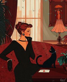 a painting of a woman sitting on a couch with a black cat in her lap