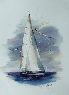 a watercolor painting of a sailboat in the ocean with seagulls flying around