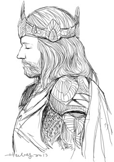 a black and white drawing of a man wearing a crown