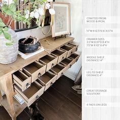 a wooden table with drawers and a mirror on it's wall next to a potted plant