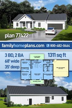 two story house plans with 3 bedroom and 2 bath in the front, one car garage on