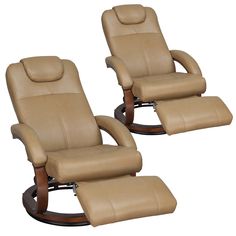 two reclining chairs with footstools are shown in tan leather and wooden frames