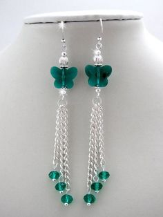 Seed Bead Jewelry Diy How To Make, Silver Tassel Earrings, Earrings Tassel, Emerald Crystal, Earrings Emerald, Crystal Butterfly