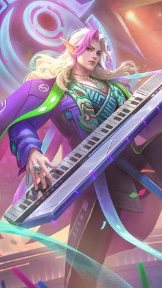 a woman with long blonde hair holding a keyboard in front of an abstract background,