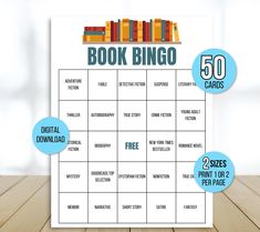 a printable book bingo game is shown with the numbers 50 and fifty on it