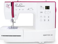 the sewing machine is white and has pink trim