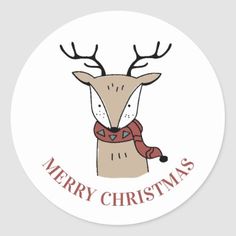 a round sticker with a reindeer wearing a scarf and the words merry christmas on it