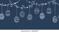 easter eggs hanging from a line on a string with leaves and branches, against a dark blue background