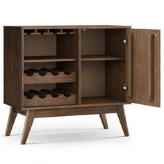 a wooden cabinet with wine racks and drawers on it's sides, in front of a white background