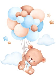 a teddy bear flying in the sky with balloons