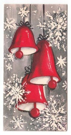 two red bells with snowflakes hanging from them