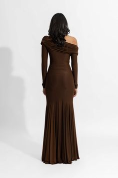 Deme By Gabriella Irene Espresso Brown Gown | Indiaspopup.com – INDIASPOPUP.COM Brown Long Dress, Boho Bible, Brown Gown, Brown Dresses Formal, Homecoming Inspo, Dress To Jumpsuit, Draping Dress, Dark Brown Dress, Brown Maxi Dress