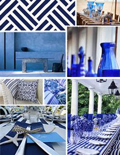 blue and white decor is featured in this collage, including an outdoor dining area