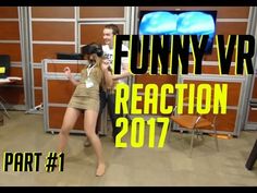 a woman is dancing in front of a tv with the caption funny vr reaction 2017 part 1