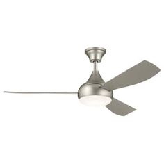 a ceiling fan with a light on the top and two blades in front of it