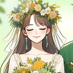 a woman with flowers in her hair wearing a wedding dress and holding a flower bouquet