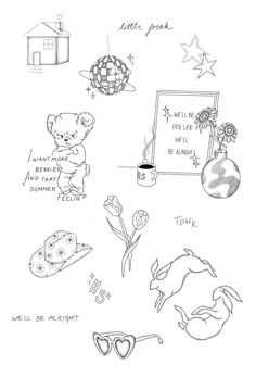 a drawing of various things that are in black and white, including a teddy bear