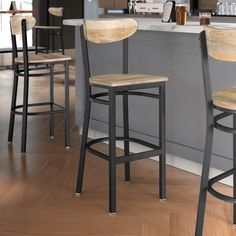 three bar stools sitting in front of a counter