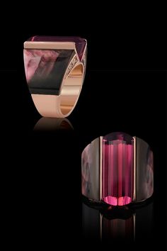 Manhattan ring features a magnificent currant red tourmaline, cut by Stephen Avery, framed Tahitian Mother of Pearl inlay.