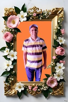 a man in striped shirt surrounded by pink flowers and gold frame with an orange background