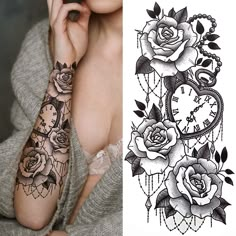 a woman with tattoos on her arm next to an image of a clock and roses