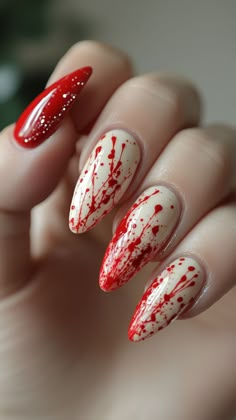 Get gory with these blood splatter nails for a spine-tingling Halloween look! Perfect for adding a touch of horror to your style. Click the pin and follow us for more frightfully fun nail inspirations! 🩸🔪  #BloodSplatterNails #HalloweenNails #NailArt #SpookyNails #NailInspo White Nails Blood Splatter, Halloween Blood Nail Art, White Blood Splatter Nails, Cute Horror Nails, Short Blood Splatter Nails, Art The Clown Terrifier Nails, White Nails With Blood Splatter, Halloween Blood Splatter Nails, Nails With Blood Design