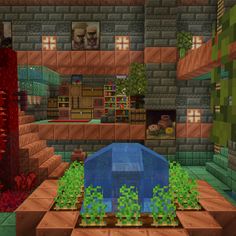 the inside of a minecraft house with lots of plants