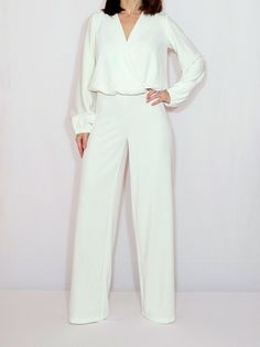 Wedding  jumpsuit women  White long sleeve jumpsuit White Long Sleeve Jumpsuit, Designer Overalls, Ivory Jumpsuit, White Jumpsuit Wedding, Official Wear, Women Long Sleeve Jumpsuit, Jump Suits, Jumpsuit Long Sleeve, Black White Jumpsuit