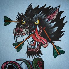 a drawing of a dragon with two arrows sticking out of it's mouth and an arrow in its mouth