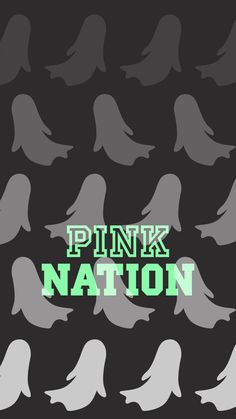 the words pink nation surrounded by silhouettes of birds in green and grey colors on a black background