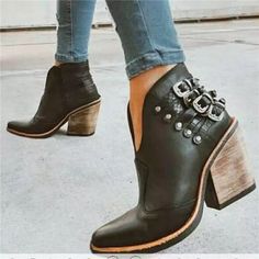 Punk Women Boots 2022 Female Autumn Winter PU Leather Cowboy Ankle Boots Buckle Women Wedge High Heel Booties Botas Mujer - Objet D'Art Trendy High Heel Boots For Festival, Casual Pointed Toe Martin Boots For Party, Fall Pointed Toe Wedge Boots With Platform, Casual Ankle Strap Boots For Fall, Summer Ankle-high Wedge Boots, Casual Fall Ankle Boots, Fall Platform Heeled Boots With Ankle Strap, Black Closed Toe Wedge Boots For Spring, Summer Boots With Buckle Closure And Pointed Toe