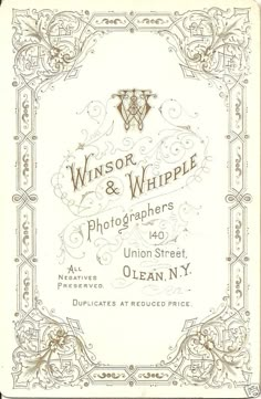 an old book with writing on the front and back cover, which reads winsor & whipple photographer's union street ocean n y