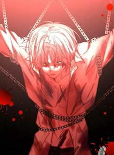 an anime character with chains around his neck and hands in the air, on a red background