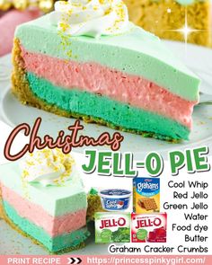 an advertisement for christmas jello - o - pie on a plate with other desserts