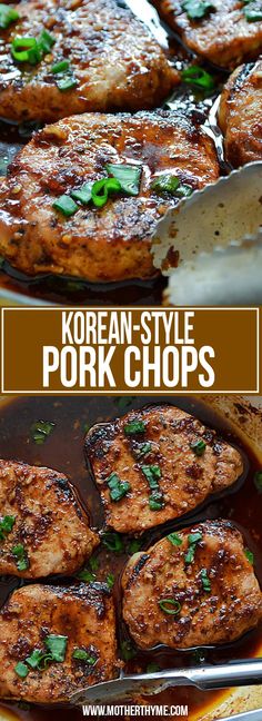 korean style pork chops in a skillet with sauce and green garnish