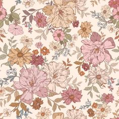 a floral wallpaper with pink, yellow and red flowers on a light peach background