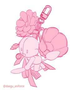 a drawing of a pink flower with a cell phone attached to it's neck