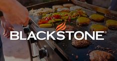 someone is grilling hamburgers and burger patties on the grill with blackstone logo