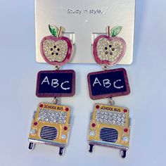 Brand New Earrings From Baublebar. They Are Fun Earrings In Bright Enamel And Rhinestones. Perfect Gift For That Great Teacher Or Back To School! Chalkboard Holiday, Teacher School, New Earrings, Enamel Earrings, Fun Earrings, Earrings Color, School Bus, Chalkboard, Back To School