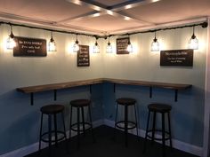 three bar stools in front of a wall with signs on it and lights hanging from the ceiling