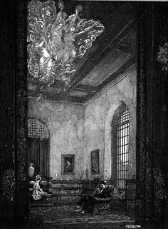 an old black and white drawing of a living room with chandelier hanging from the ceiling