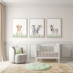 a baby's room with three pictures on the wall