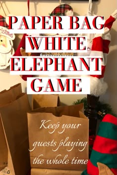 paper bag white elephant game with text overlay