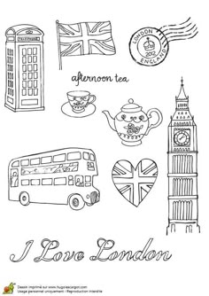 the london landmarks are drawn in black and white, with text that reads i love london