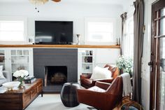 a living room filled with furniture and a flat screen tv mounted above a fire place