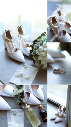 wedding shoes and flowers on display in front of a window