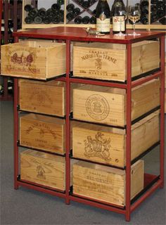 several wine bottles are sitting on top of wooden crates